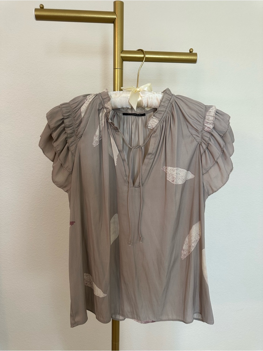 Tahari Taupe Ruffle-Sleeve Tie-Neck Blouse